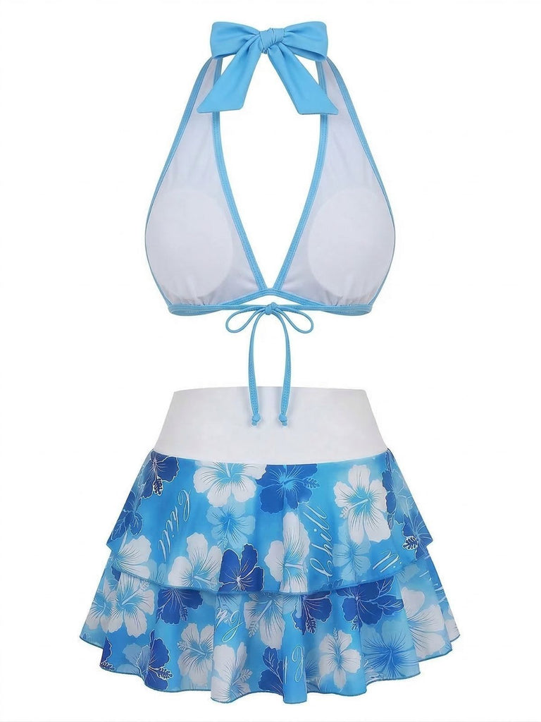Set Bikini Blu Anni '60 Multistrato con Floreale