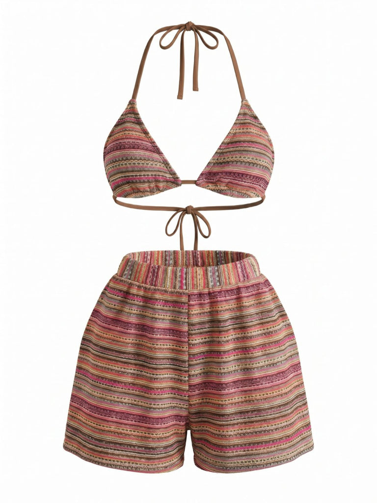Set Bikini Triangolo a Maglia a Righe Halter Anni '60