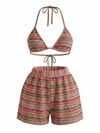 Set Bikini Triangolo a Maglia a Righe Halter Anni '60