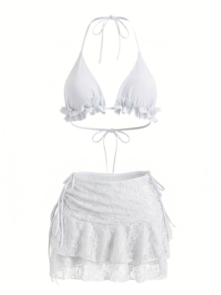 con Volant con Allacciatura al Collo Set Bikini & Floreale Pizzo Cover-Up Anni '60
