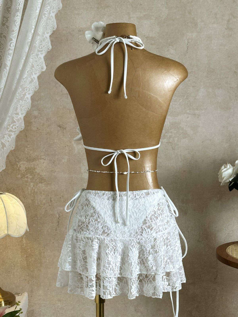 con Volant con Allacciatura al Collo Set Bikini & Floreale Pizzo Cover-Up Anni '60