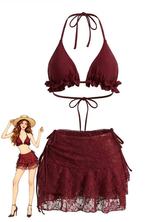 con Volant con Allacciatura al Collo Set Bikini & Floreale Pizzo Cover-Up Anni '60