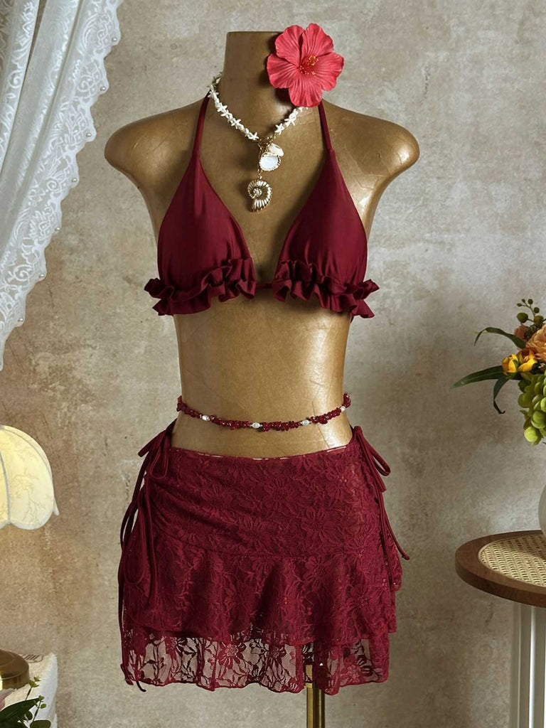 con Volant con Allacciatura al Collo Set Bikini & Floreale Pizzo Cover-Up Anni '60