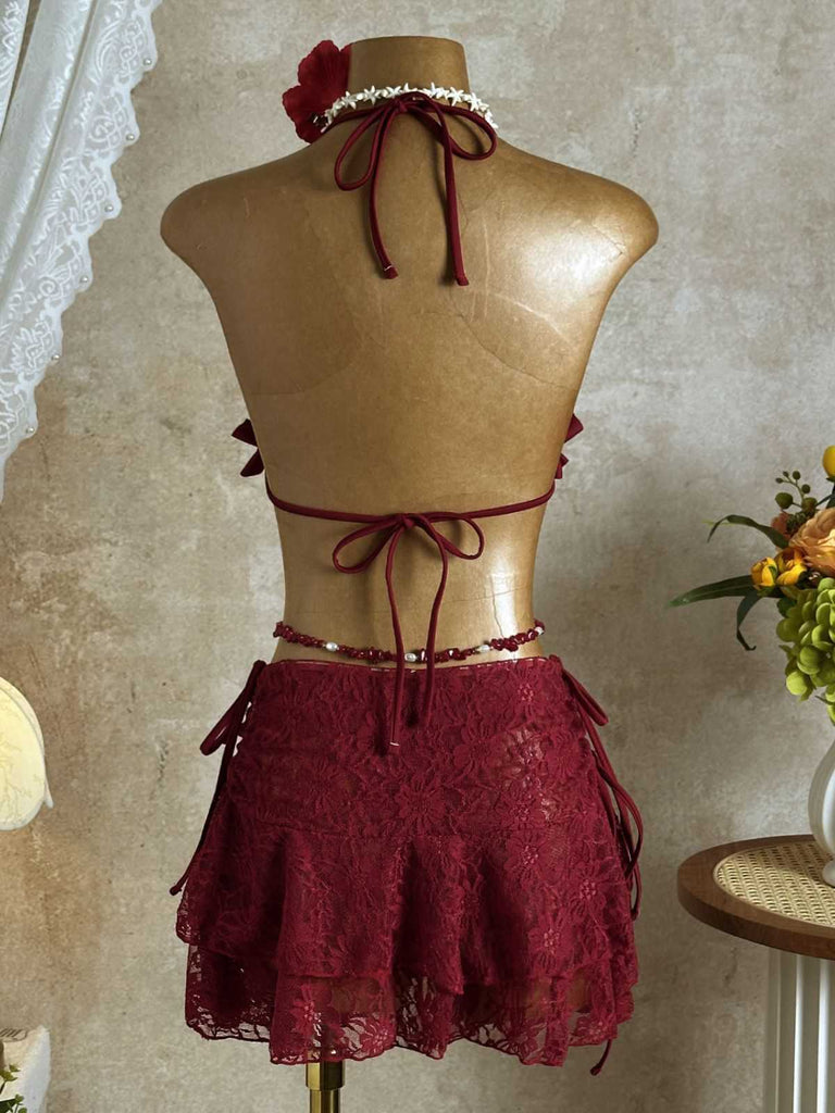 con Volant con Allacciatura al Collo Set Bikini & Floreale Pizzo Cover-Up Anni '60