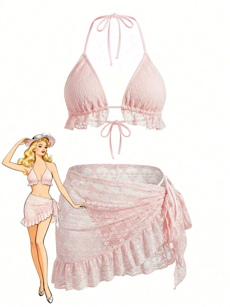 2PCS Set Bikini Tinta Unita Halter in Pizzo e Copricostume con Volant Anni '60
