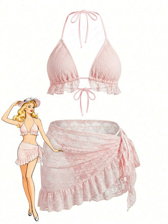2PCS Set Bikini Tinta Unita Halter in Pizzo e Copricostume con Volant Anni '60