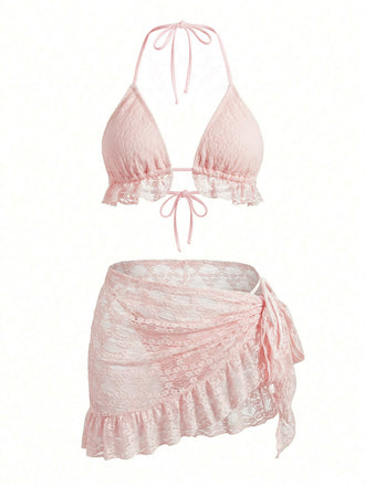 2PCS Set Bikini Tinta Unita Halter in Pizzo e Copricostume con Volant Anni '60 2