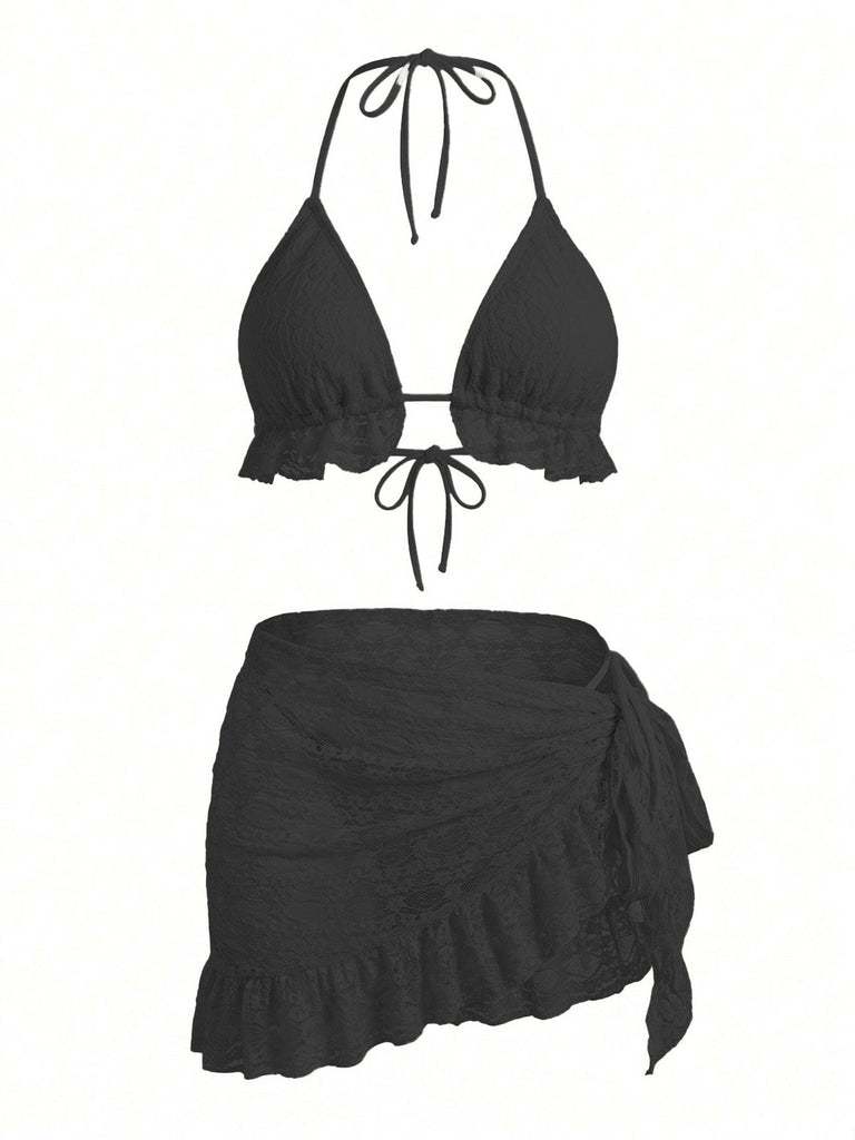 2PCS Set Bikini Tinta Unita Halter in Pizzo e Copricostume con Volant Anni '60 8