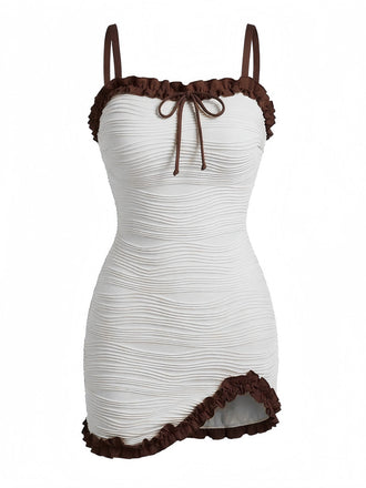 2PCS White 1960s Ruffle Tie Front Textured Bodycon Swimsuit - vintage swimsuit, pin-up style, elegant red