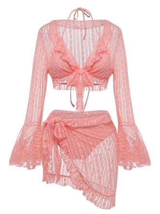 4PCS 1970s Halter Bikini Set & Sheer Bell Sleeve Cover-Up - vintage fashion, retro style