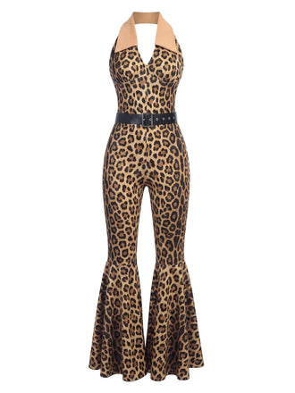 [Prevendita] Tuta lunga con motivo leopardato scollo all'americana marrone anni '70