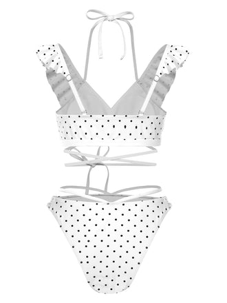 1970s Polka Dot Lace-Up Ruffled Bikini Set - vintage fashion, retro style
