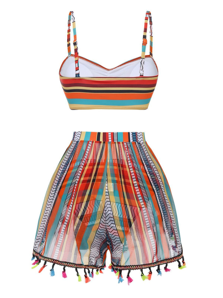 Colorful striped top and shorts set on a white background