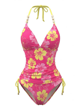 Set Bikini Rosa Anni '80 Floreale con Spalline di Perline e Scollo All'americana