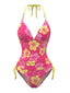 Set Bikini Rosa Anni '80 Floreale con Spalline di Perline e Scollo All'americana