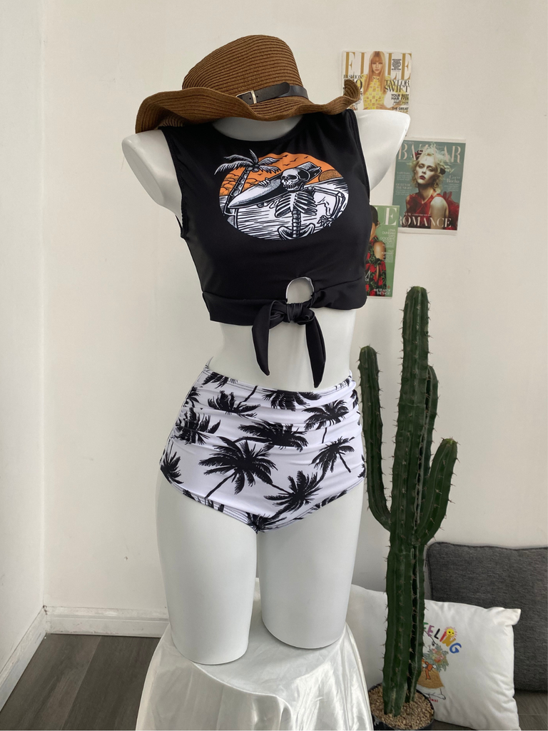 [Pre-Vendita] Set Bikini Verde Punk con Laccio in Vita Skeleton Beach con Stampa Anni '80 7