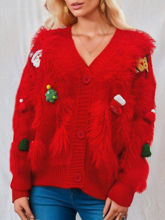 Cardigan in maglia e stampa natalizia 3D rosso anni '70