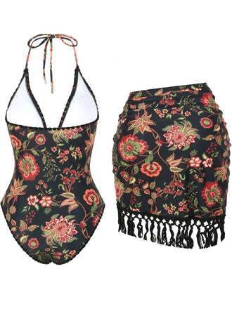 2PCS Costumi intero e copricostume con frange e floreale anni '60