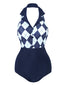 Costumi intero motivo a quadri a rombi blu navy anni '30
