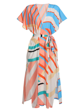 Copricostume stile kimono bohémien con lacci a righe anni '60