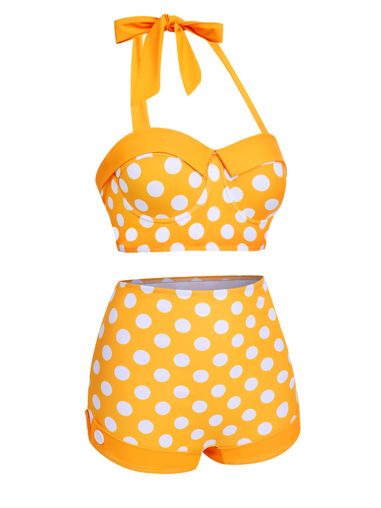 Set Bikini a pois scollo all'americana giallo anni '50