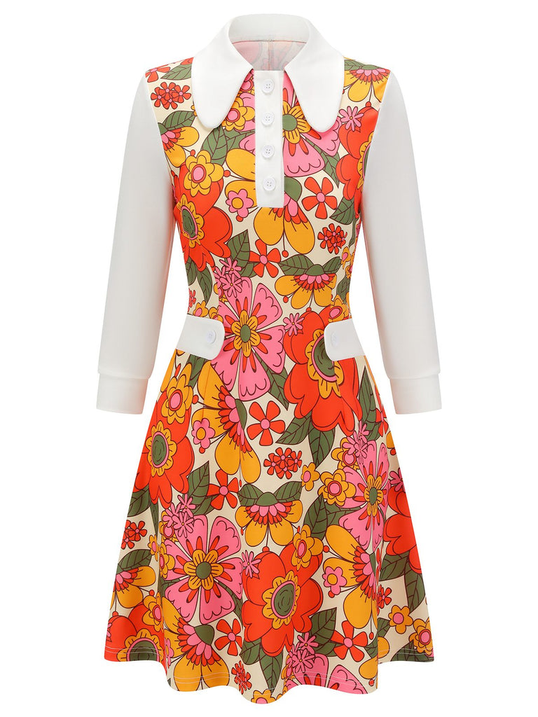 Abito patchwork fioreale a risvolto arancione anni '60