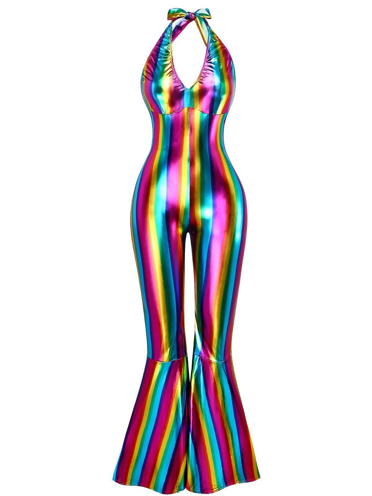Tuta lunga con scollo all'americana e arcobaleno multicolore anni '70