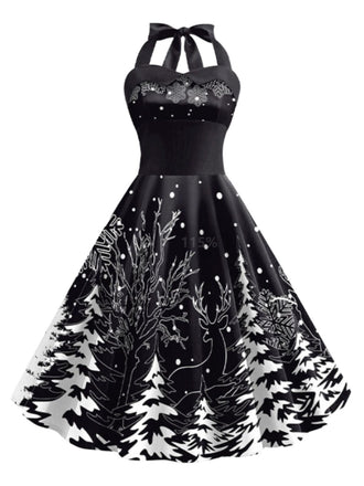 Abito albero di Natale con scollo all'americana nero anni '50