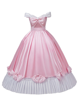Abito da principessa con fiocco in raso spalle scoperte rosa anni '50