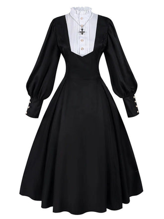 Abito con collana a croce in stile suora nero anni '40