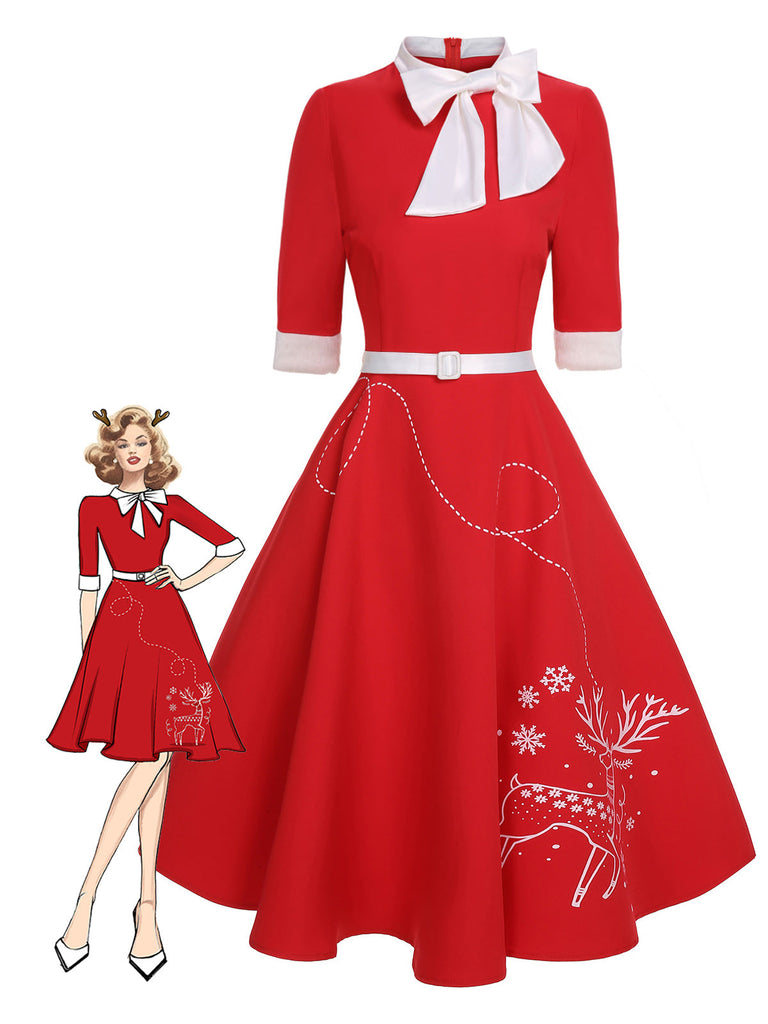 Abito con cintura patchwork e fiocco di alce rosso anni '50