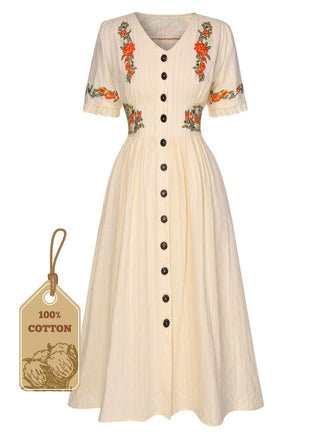 Abito floreale scollo a V in puro cotone beige anni '40