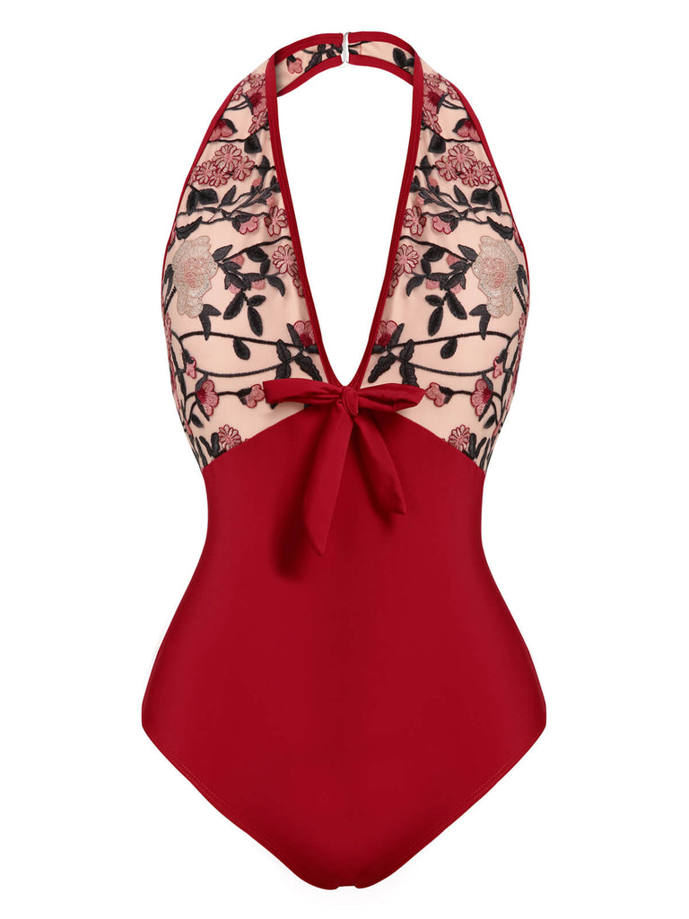 Costumi intero floreale scollo all'americana bordeaux anni '50