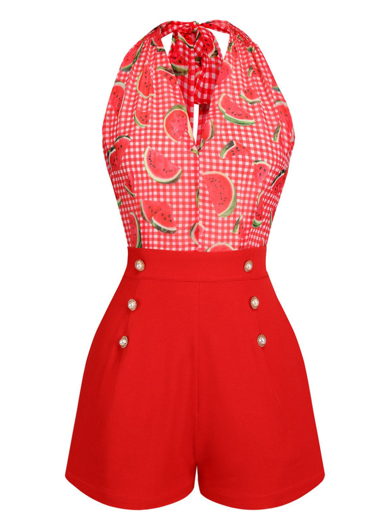 Tuta corta anguria plaid scollo all'americana rosso anni '50