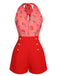 Tuta corta anguria plaid scollo all'americana rosso anni '50