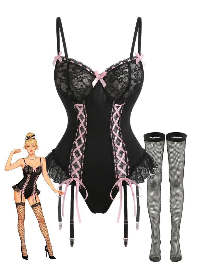 [Prevendita] Completo intimo con corsetto in pizzo e calze a rete nero anni '60
