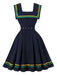 Abito a righe ondulate con scollo quadrato blu navy anni '50