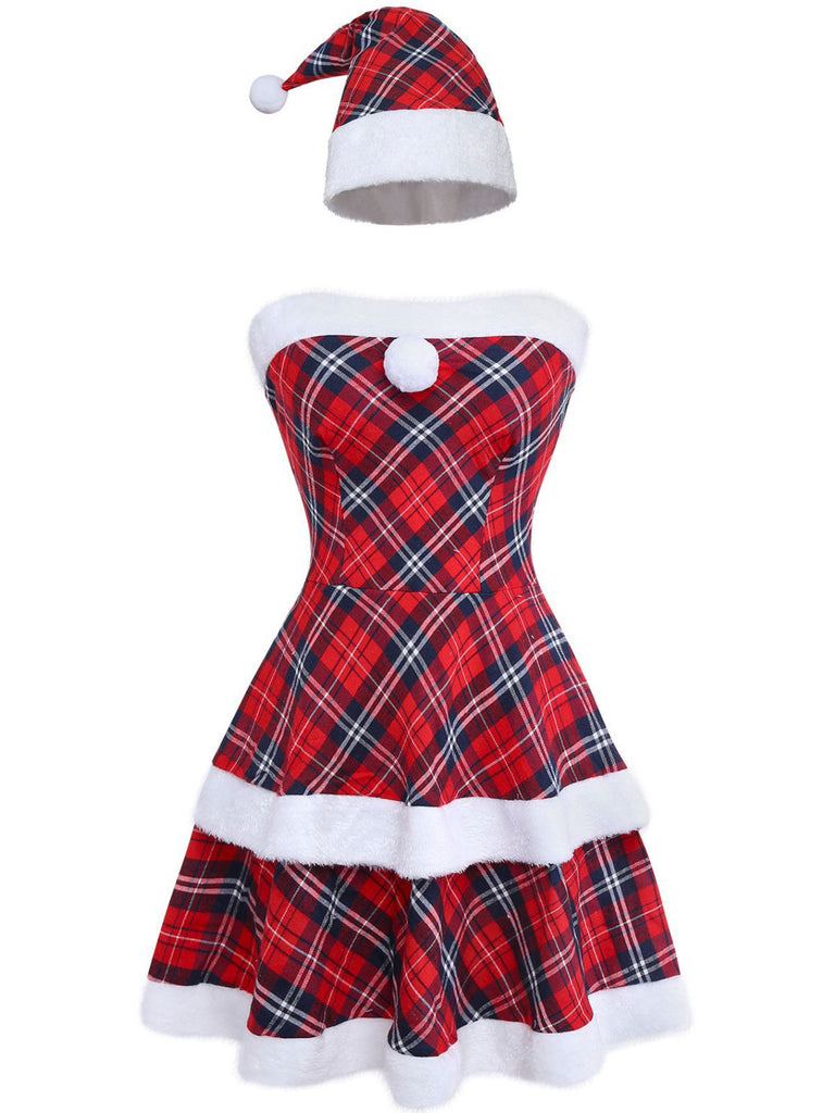 Completo abito patchwork senza spalline a quadri rosso anni '60