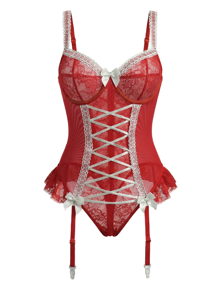 [Prevendita] Corsetto e fiocco in pizzo con calze rosso anni '60