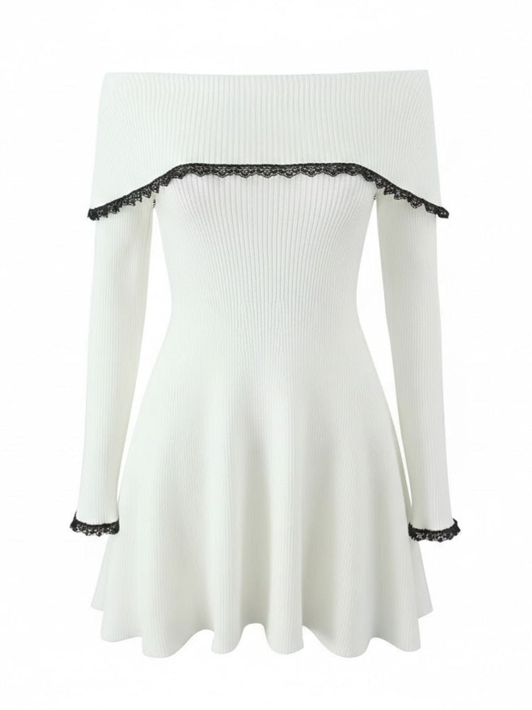Abito in pizzo a maglia con spalle scoperte bianco anni '70