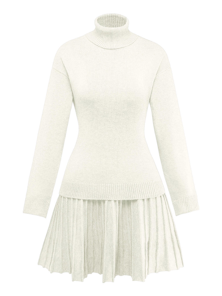 2PCS Maglione a collo alto a maglia e gonna plissettata anni '60
