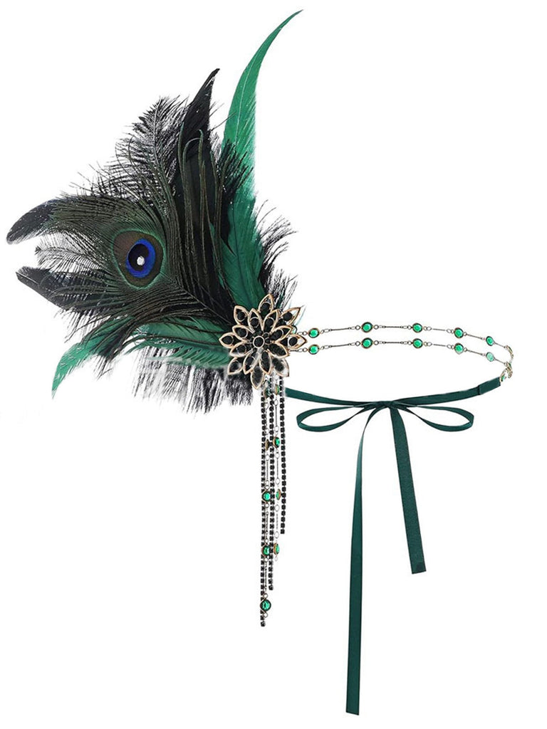 Cerchietto con perline e piume di pavone stile Gatsby anni '20