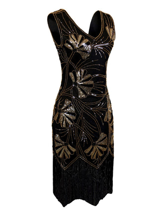 Abito flapper con scollo a V e perline e paillettes anni '20