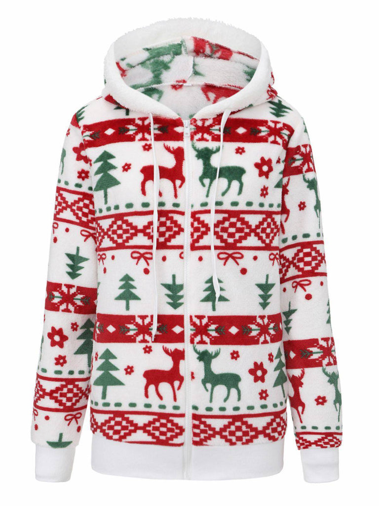 Felpa con cappuccio in peluche con renne e albero di Natale anni '40
