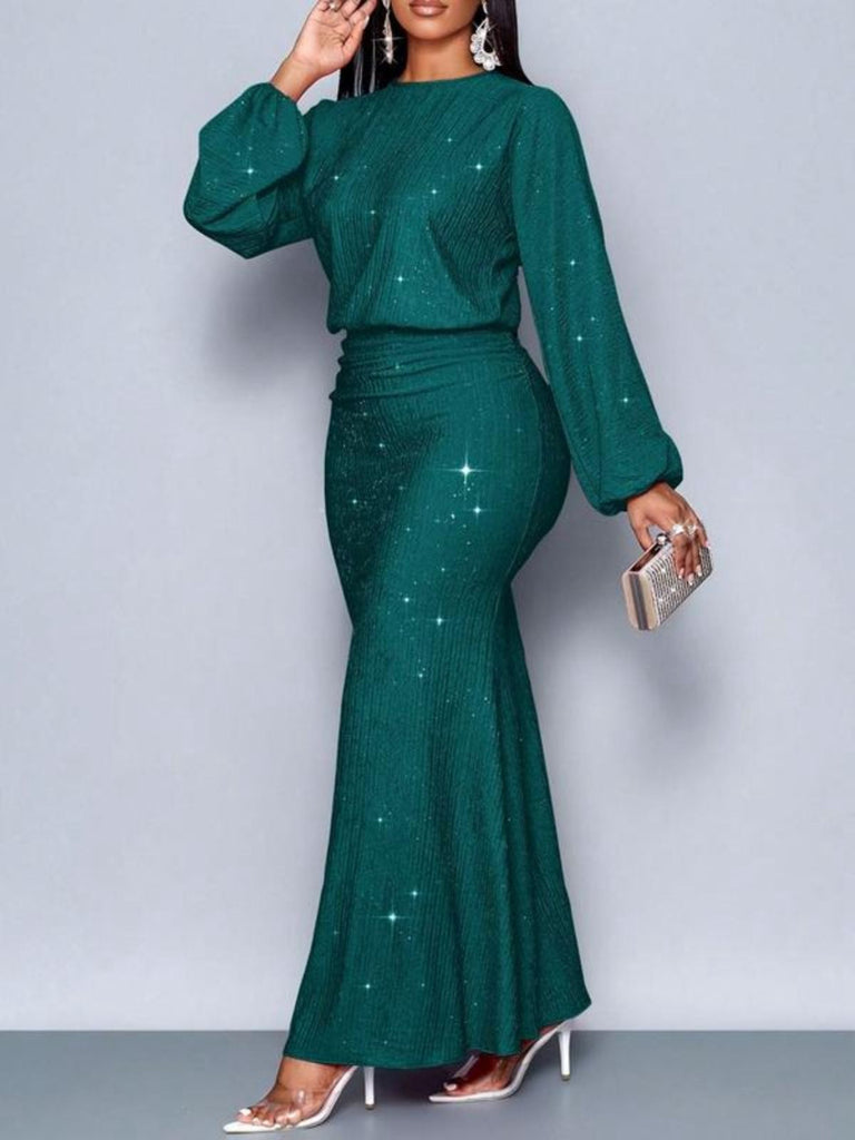 Abito a sirena in maglia glitter con maniche a lanterna anni '30