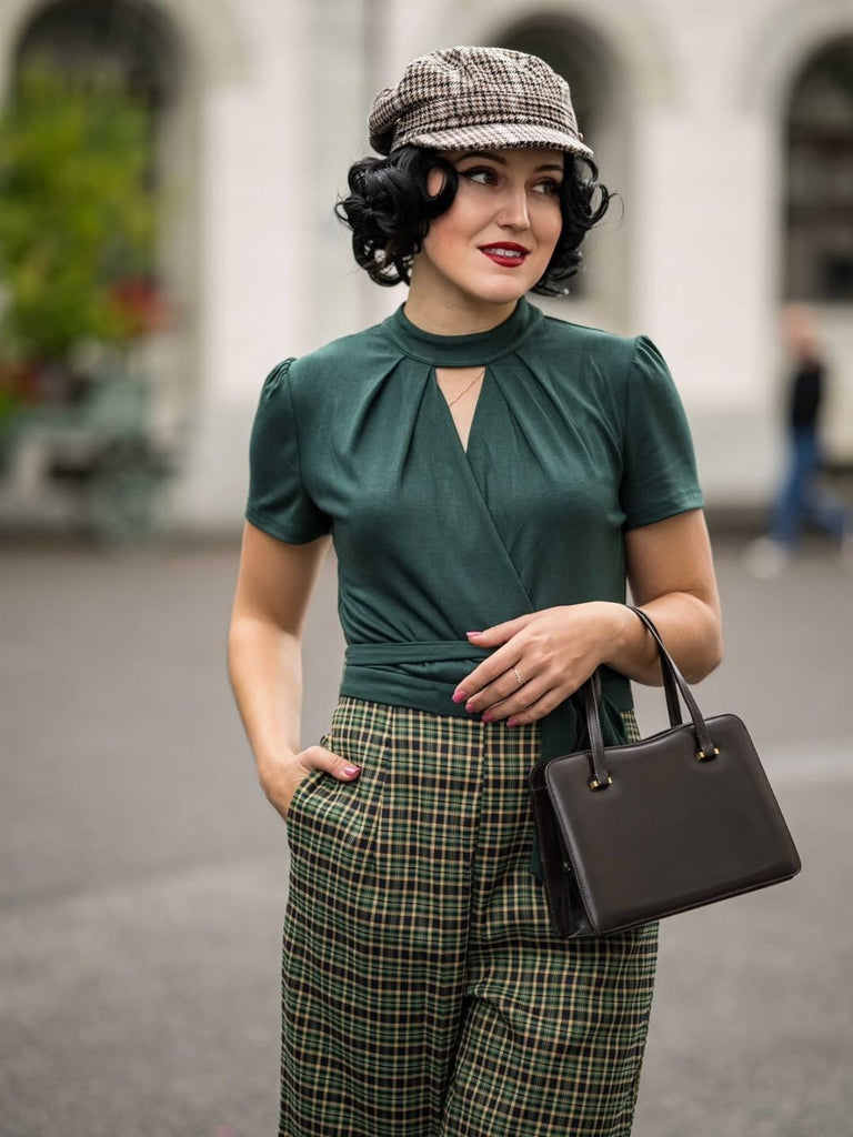 Tuta lunga plaid scollo a buco della serratura verde anni '30