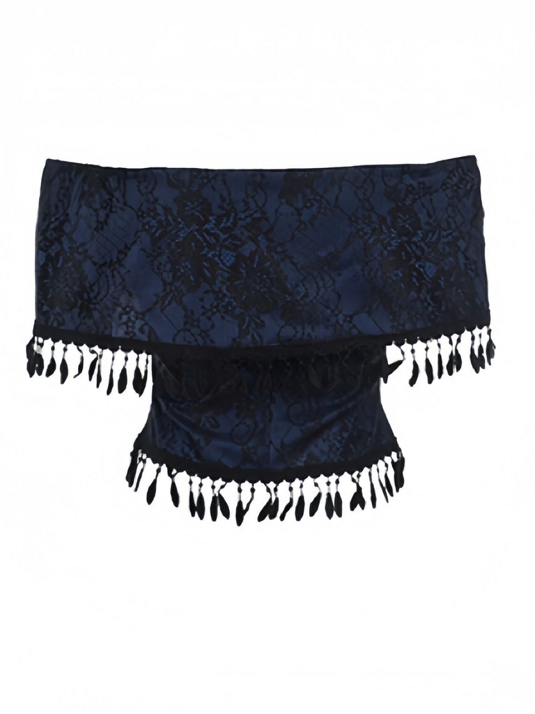 Top in pizzo con spalle scoperte e nappe Halloween blu anni '30