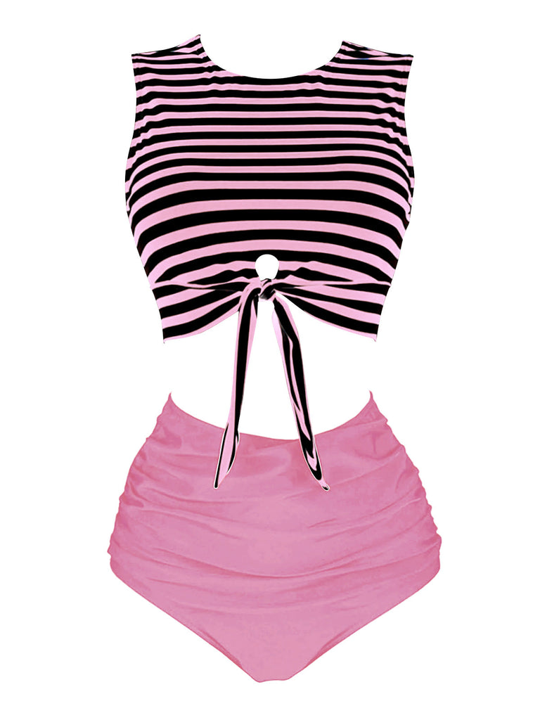 Costume da bagno patchwork a righe rosa e nero anni '70