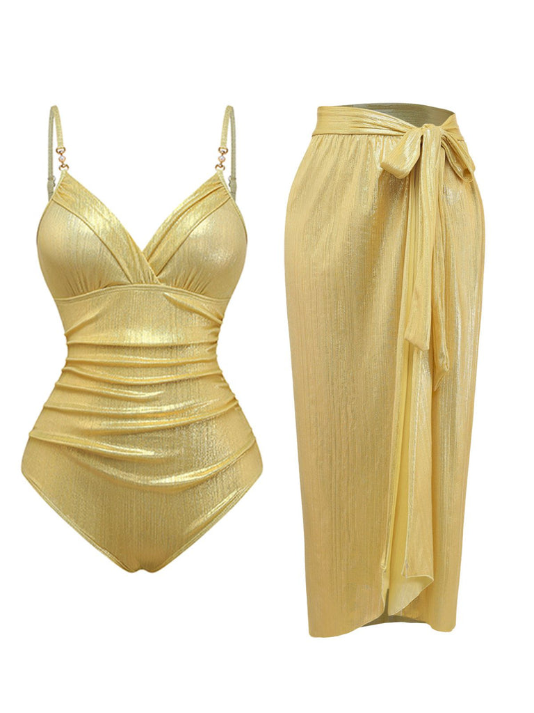 Costumi intero arricciato e copricostume oro anni '80