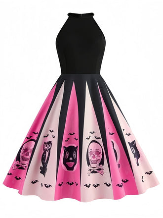 Abito a ruota con stampa spettrale Halloween nero anni '50